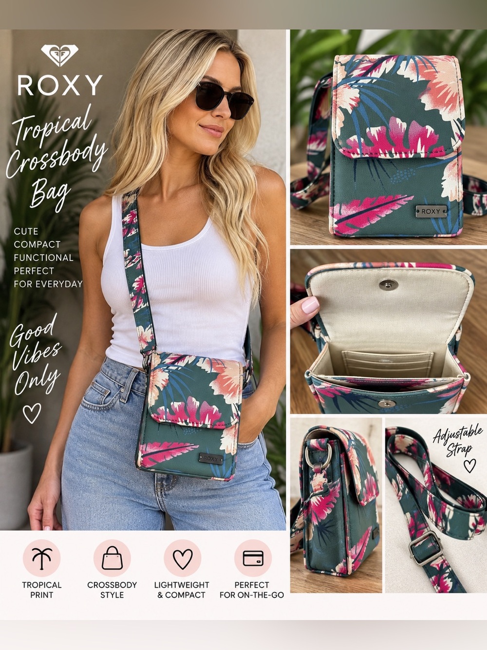 Roxy Tropical Floral Crossbody Bag - Green, Pink, Coral